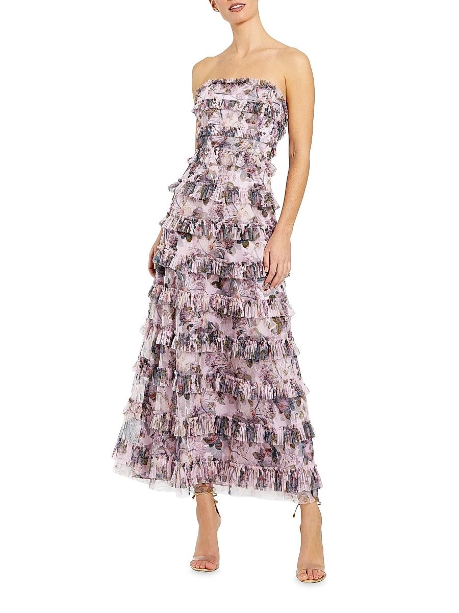 Women's Ruffled Strapless Maxi Dress - Purple Multi - Size 14