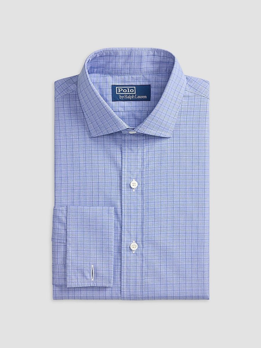Polo Ralph Lauren Men's Custom-Fit Plaid French Cuff Shirt - Blue White Multi - Size 15.5