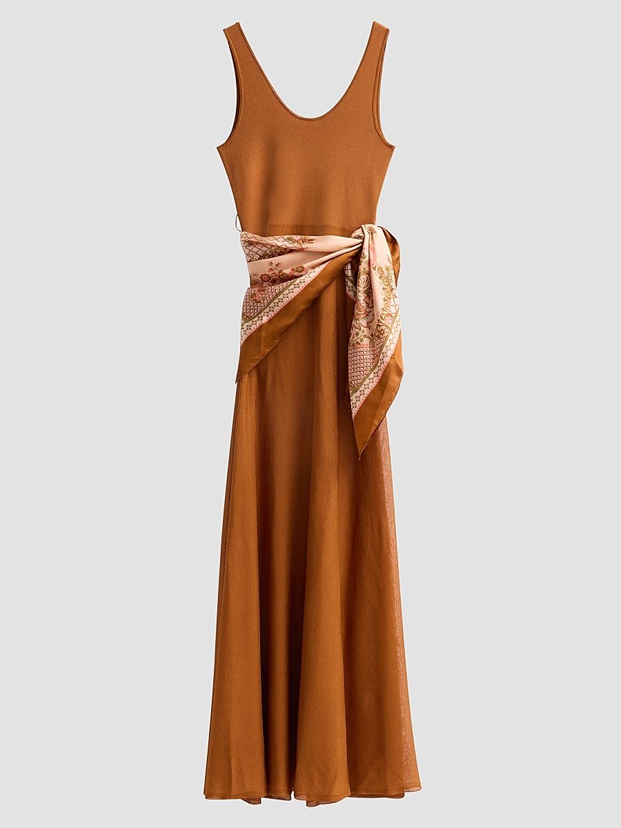 Women's Aster Silk Scarf Maxi Dress - Tan Print - Size 10