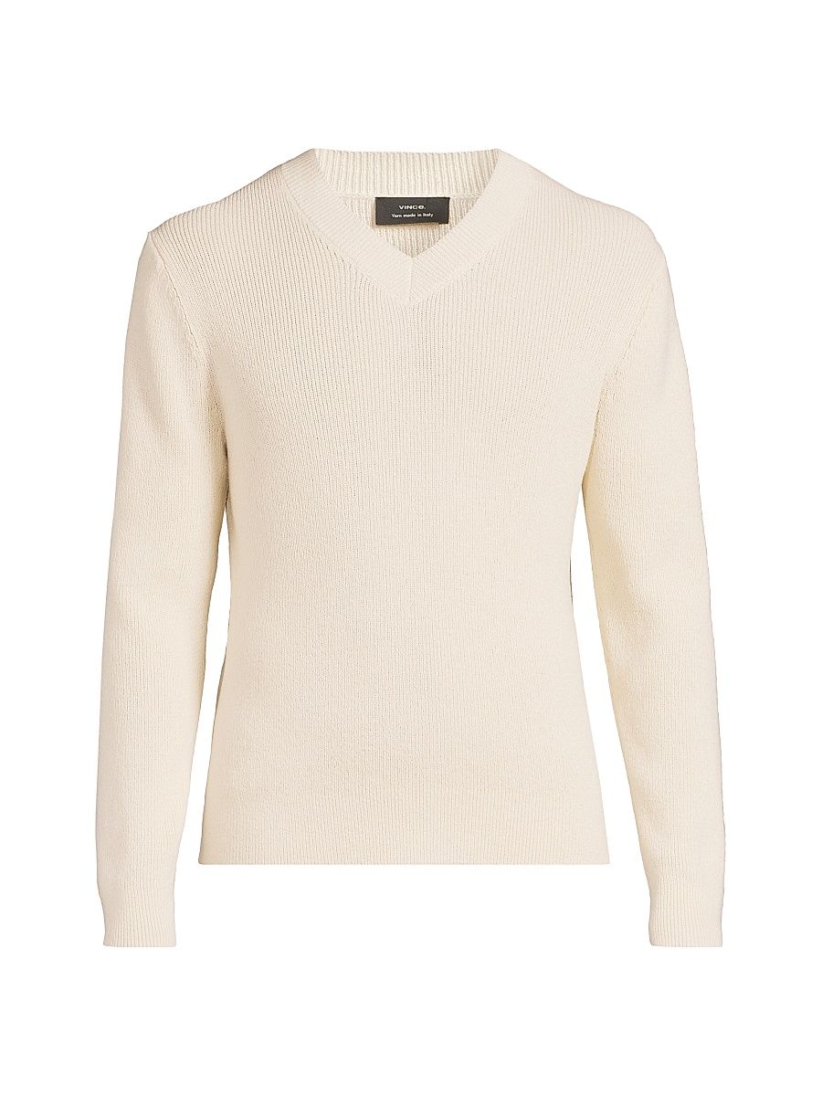 Men's Rib-Knit Cotton-Blend V-Neck Sweater - Classic Cream - Size XL