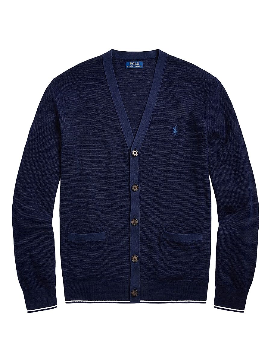 Men's Textured Cotton-Blend Cardigan - Bright Navy - Size Large