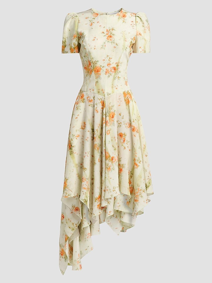 Women's Puff-Sleeve Asymmetric-Hem Silk Midi Dress - Stone Tangerine - Size 12