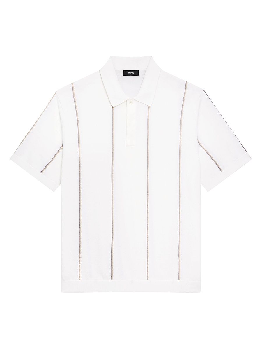 Men's Striped Cotton Polo Shirt - White Multi - Size Large