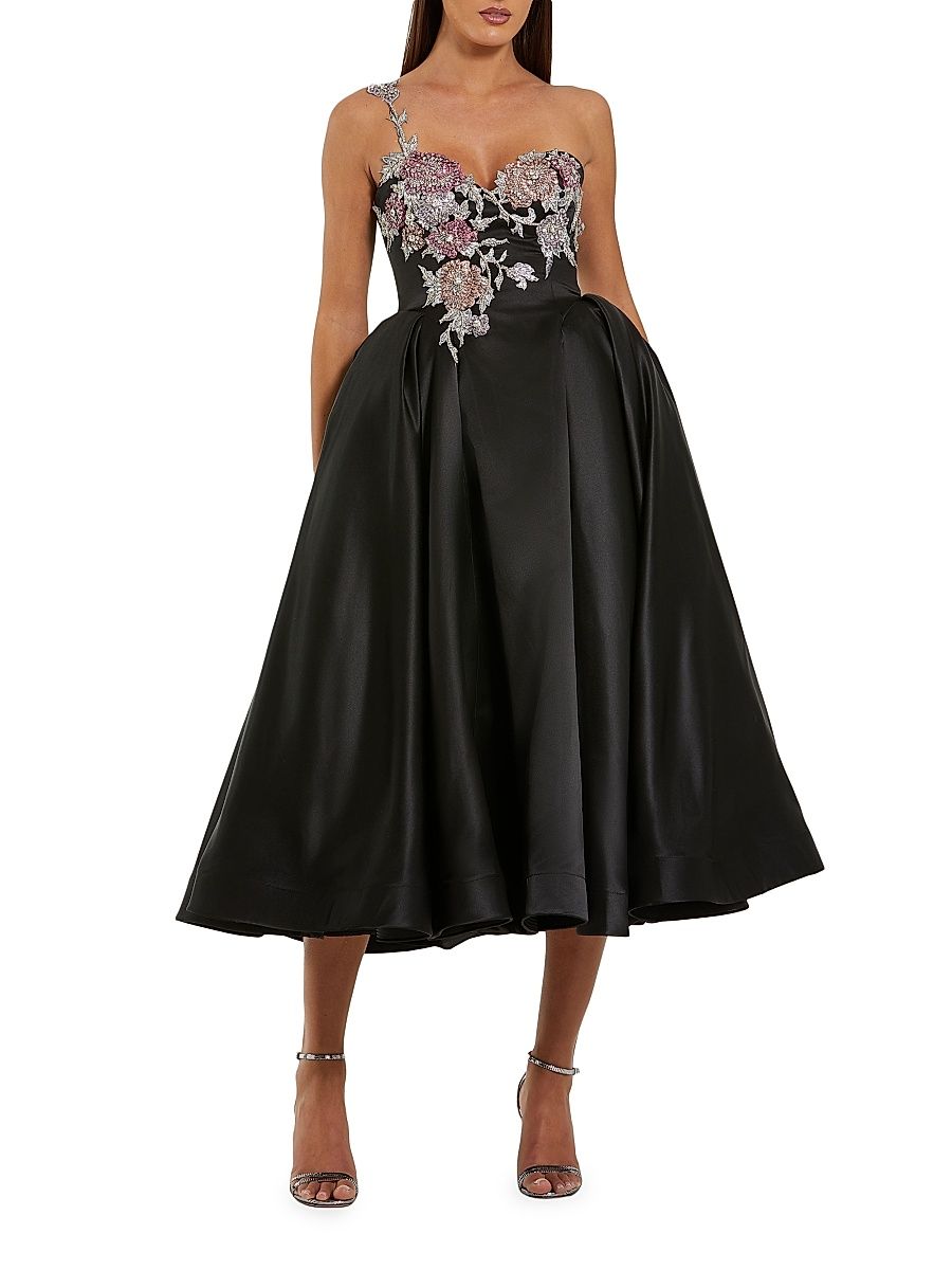 Women's Cocktail Satin Fit & Flare Midi-Dress - Black Multi - Size 12