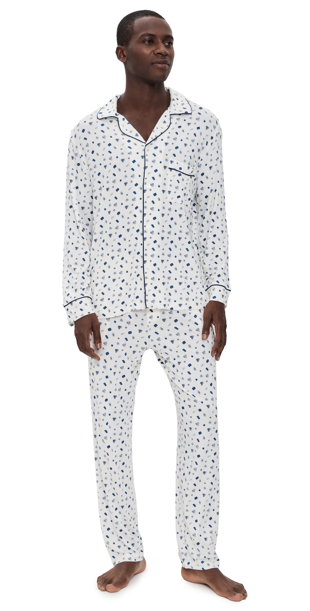 Eberjey William Printed Pajama Set Twinkling Menorah Ivory/Navy XL