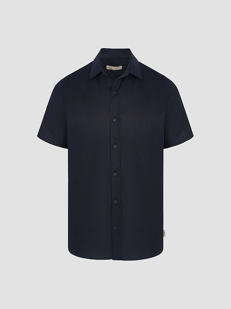 Men's Stretch Linen-Blend Short-Sleeve Shirt - Navy - Size XXL