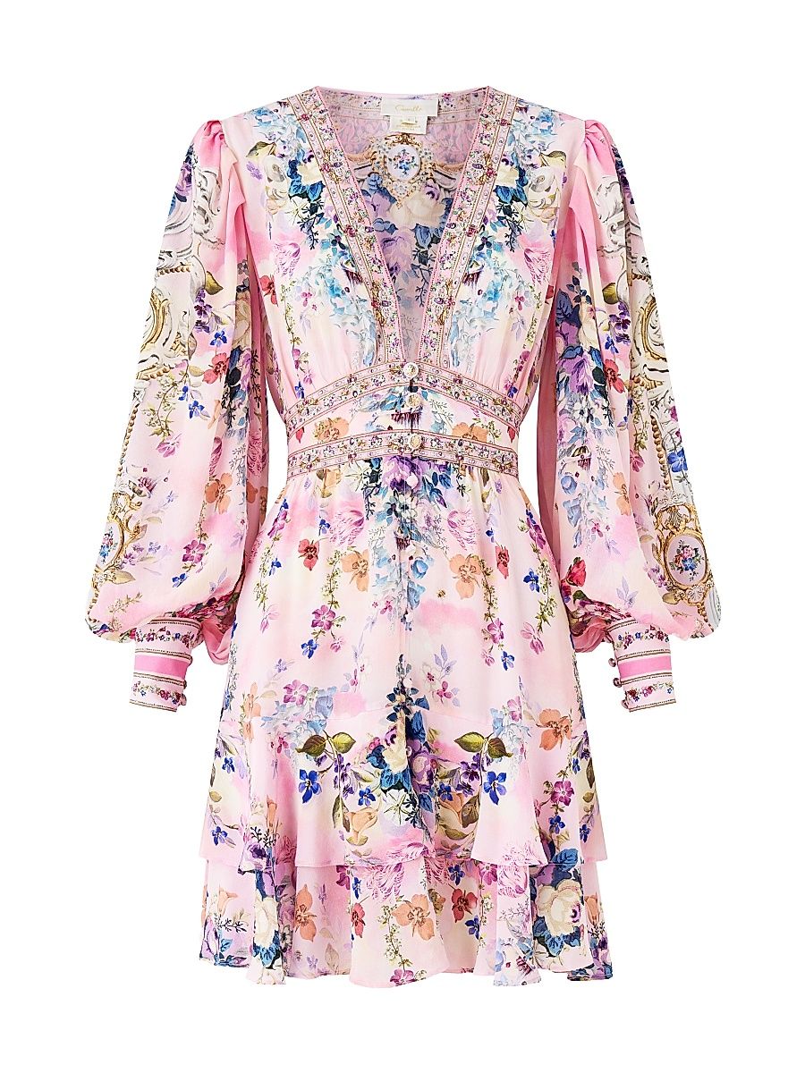 Women's Floral Silk Minidress - Palatial Pastels - Size Large