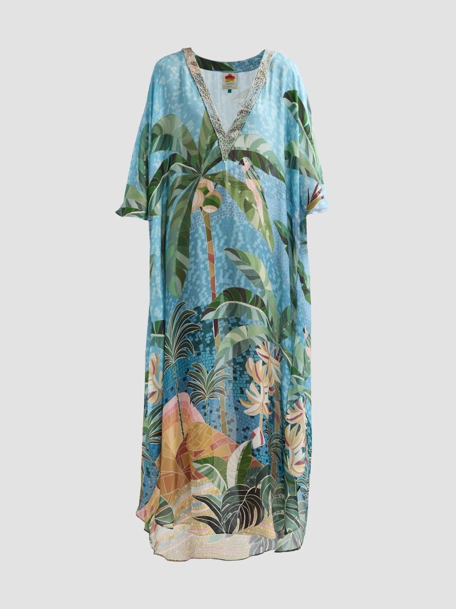 Farm Rio Women's Embroidery V-Neck Caftan Dress - Multicolor - Size Large