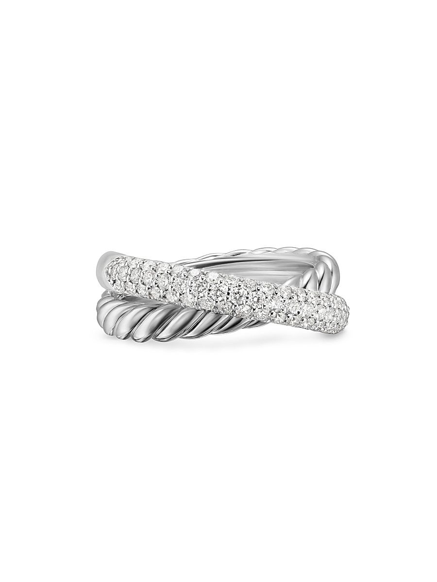 Women's Crossover Two Row Ring in Sterling Silver - Diamond - Size 7