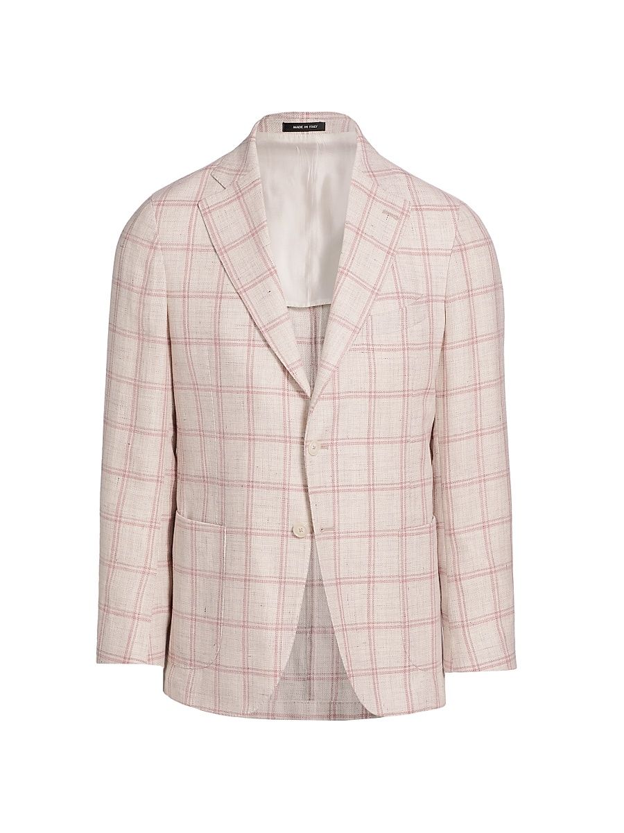 Men's COLLECTION Windowpane Check Linen-Wool Single-Breasted Blazer - Pink - Size 46