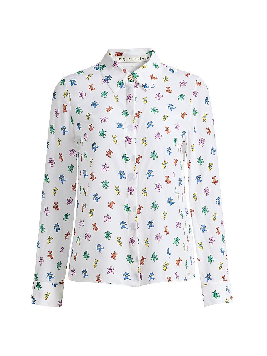 Women's Alice + Olivia x Grateful Dead Willa Silk Shirt - Rainbow Bears - Size Medium