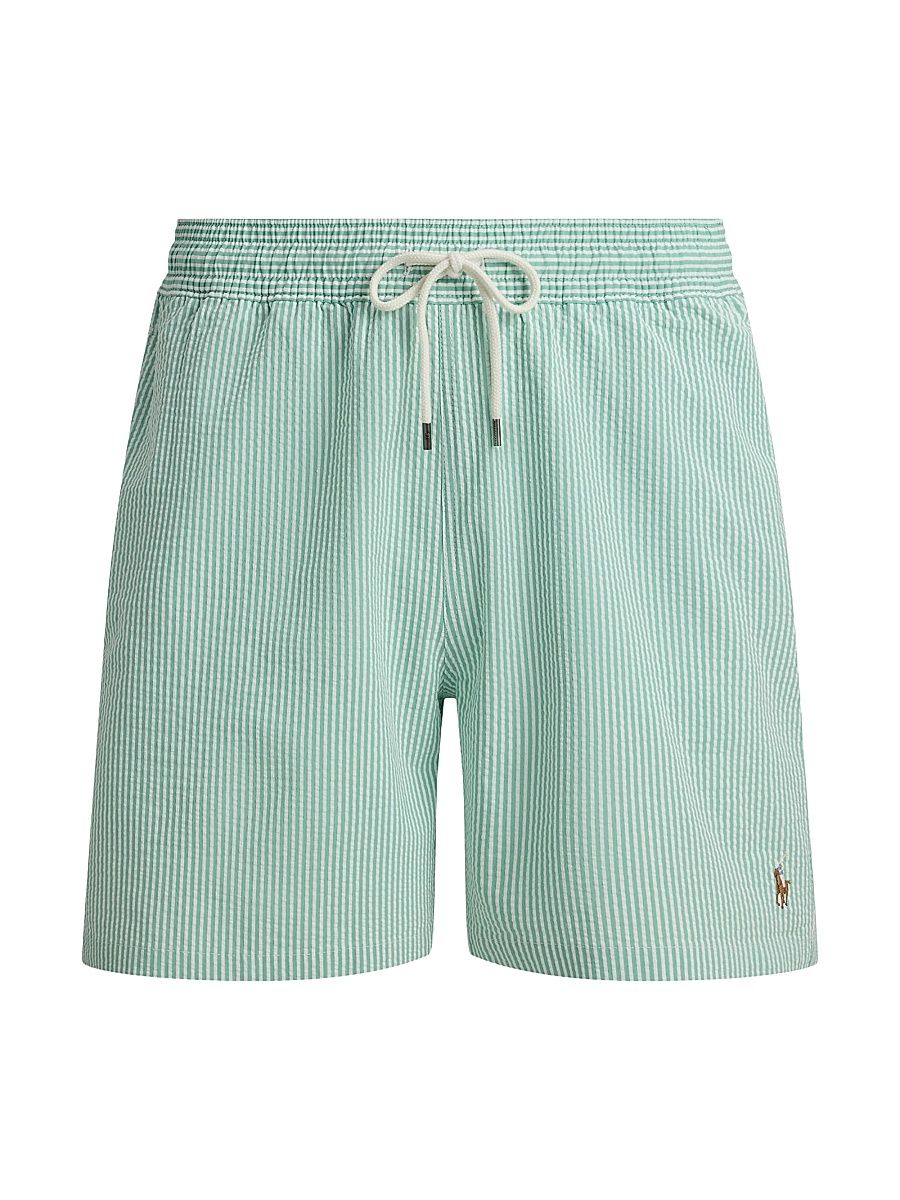 Men's Striped Cotton-Blend Seersucker Drawstring Trunks - Key West Green Stripe - Size Large
