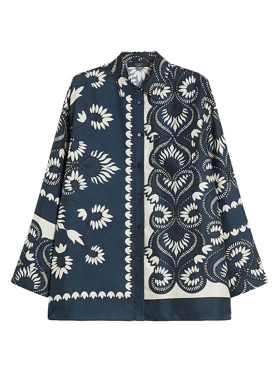 Women's Printed Silk Patchwork Shirt - Navy - Size 16