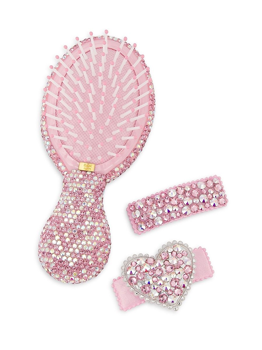 Crystallized Brush & 2 Hair Clips Set - Pink