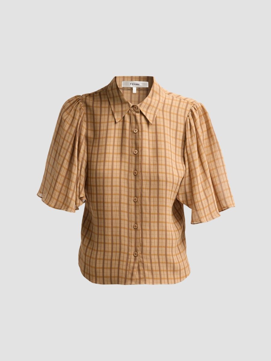 FRAME Women's The Flutter Silk Shirt - Taupe Multi Plaid - Size XL