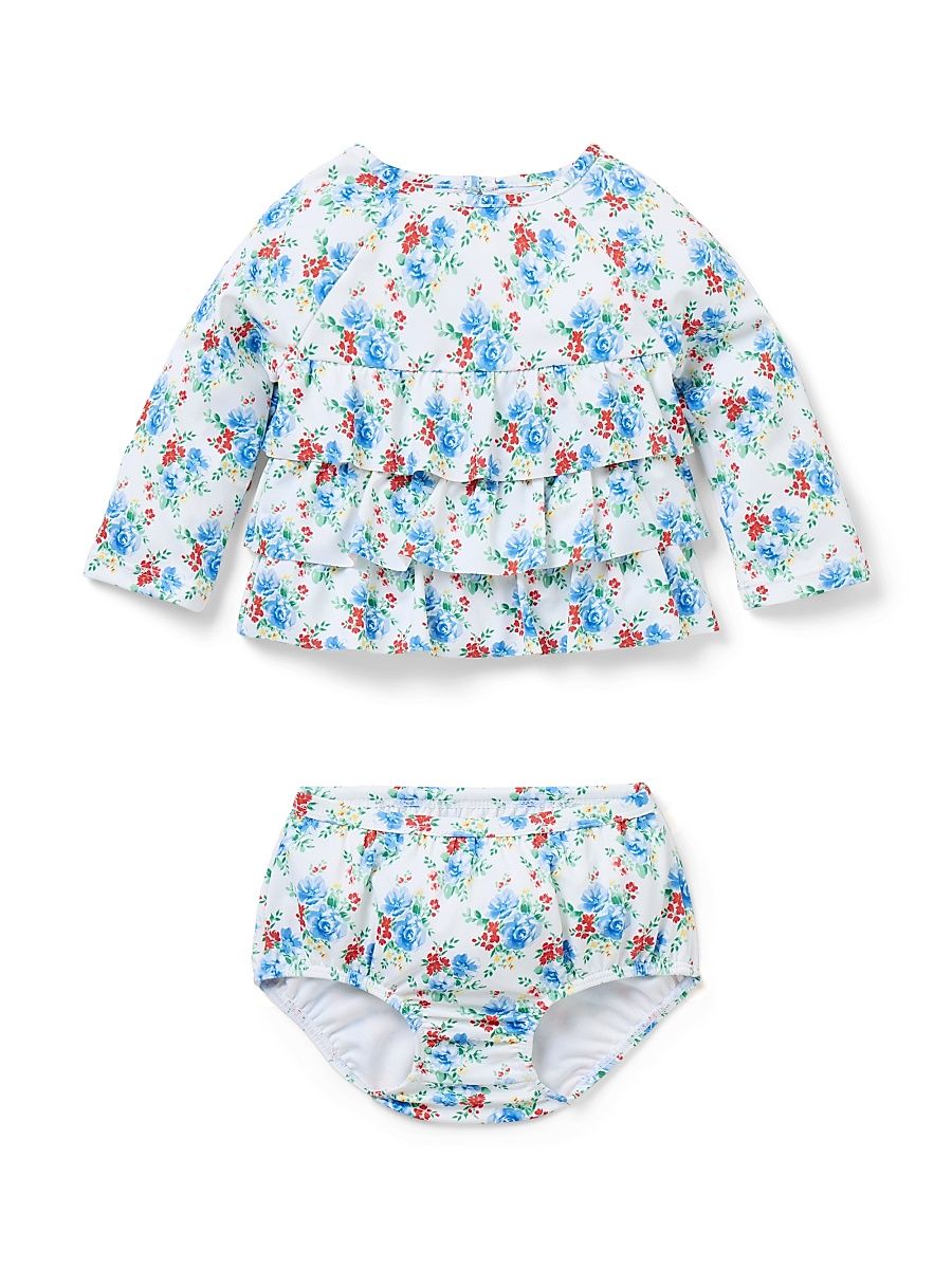 Baby Girl's Floral Ruffle Rashguard Top, Bottoms & Swim Hat Set - Size 3 Months