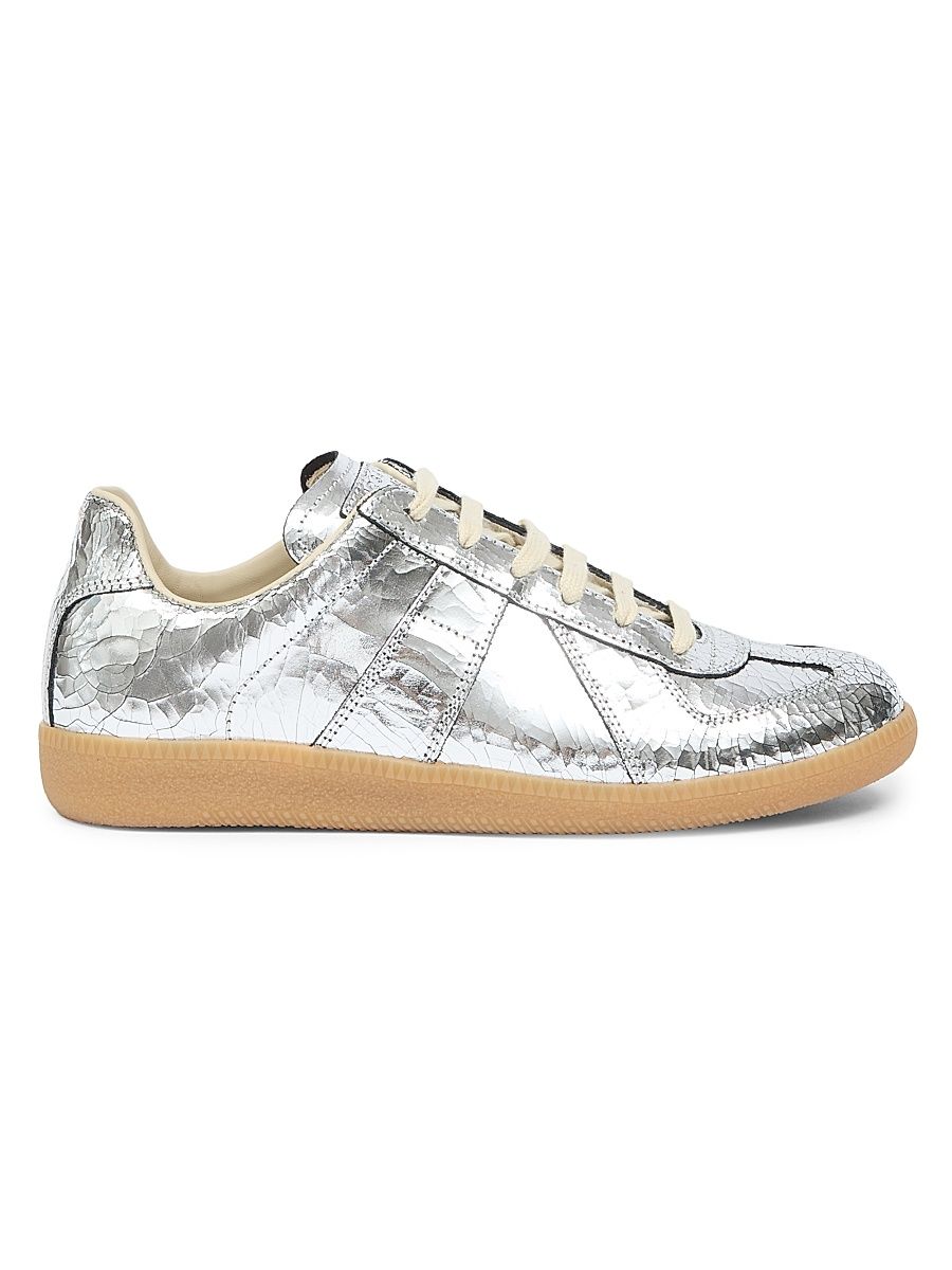 Men's Replica Metallic Cracked Leather Low-Top Sneakers - Silver - Size 15