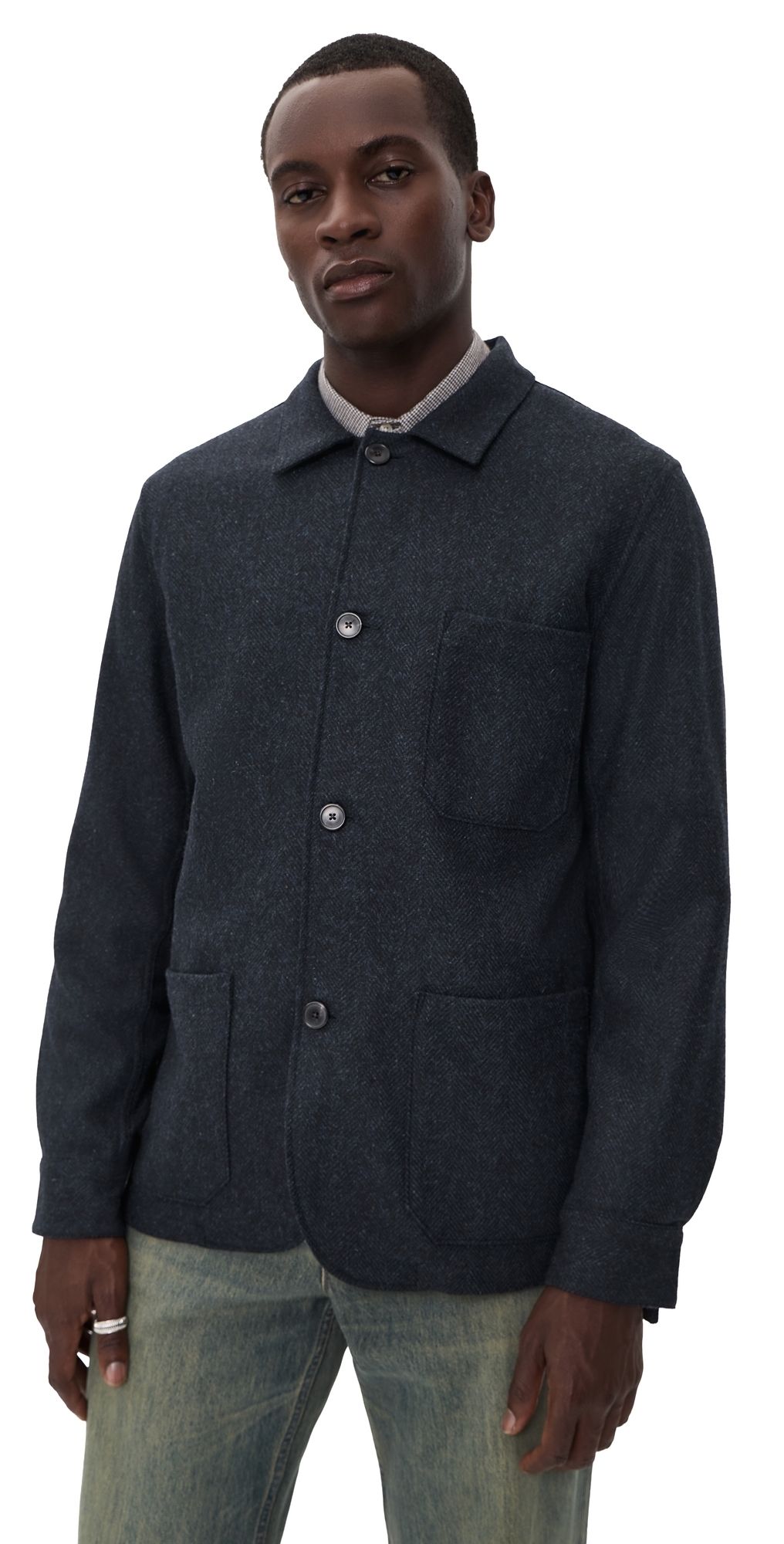 Portuguese Flannel Labura Herringbone Wool Shacket NAVY S