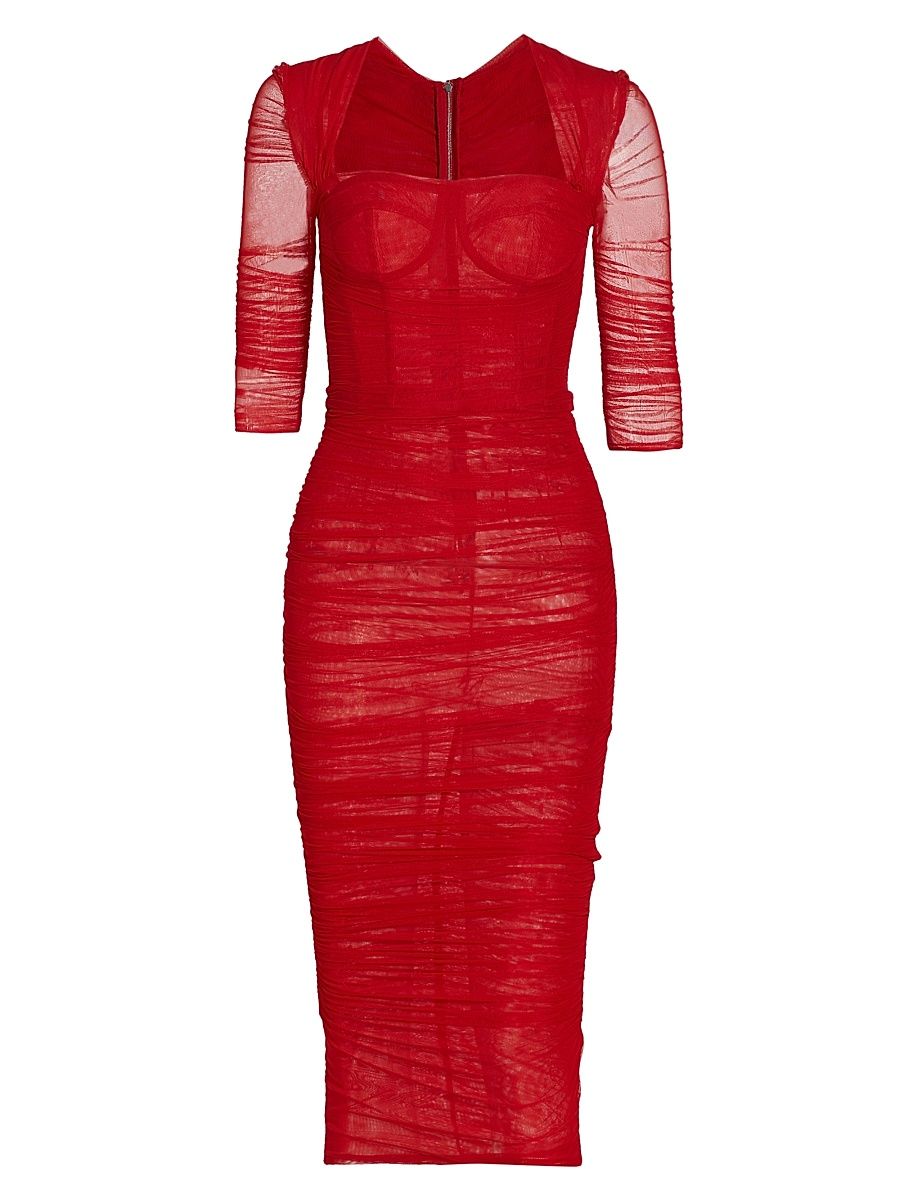 Women's Ruched Tulle Midi-Dress - Rosso Lampone - Size 0