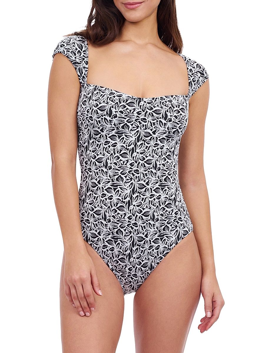Women's Plumeria Floral Cap-Sleeve One-Piece Swimsuit - Black White - Size 16