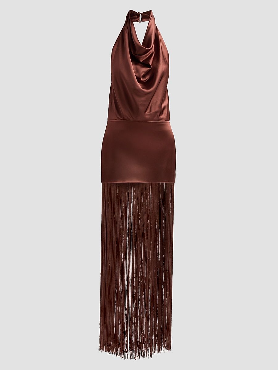 Women's Cyrelle Cowl Fringe Dress - Chestnut - Size Large