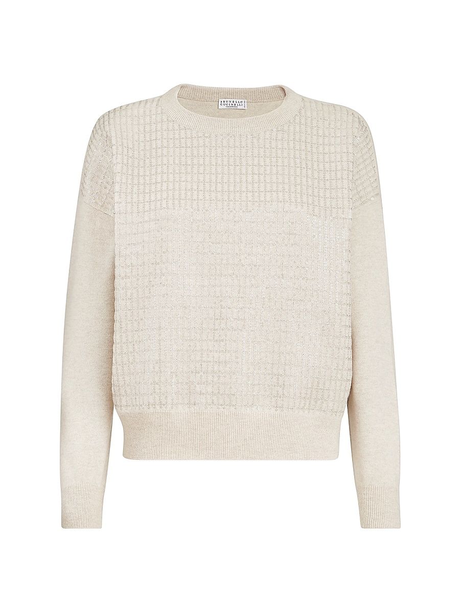Women's Virgin Wool, Cashmere and Silk Sweater with Dazzling Check Embroidery - Beige - Size XXL