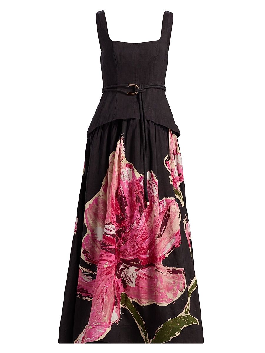 Women's Actonhill Floral Linen-Blend Maxi Dress - Garnet Magnolia - Size 12