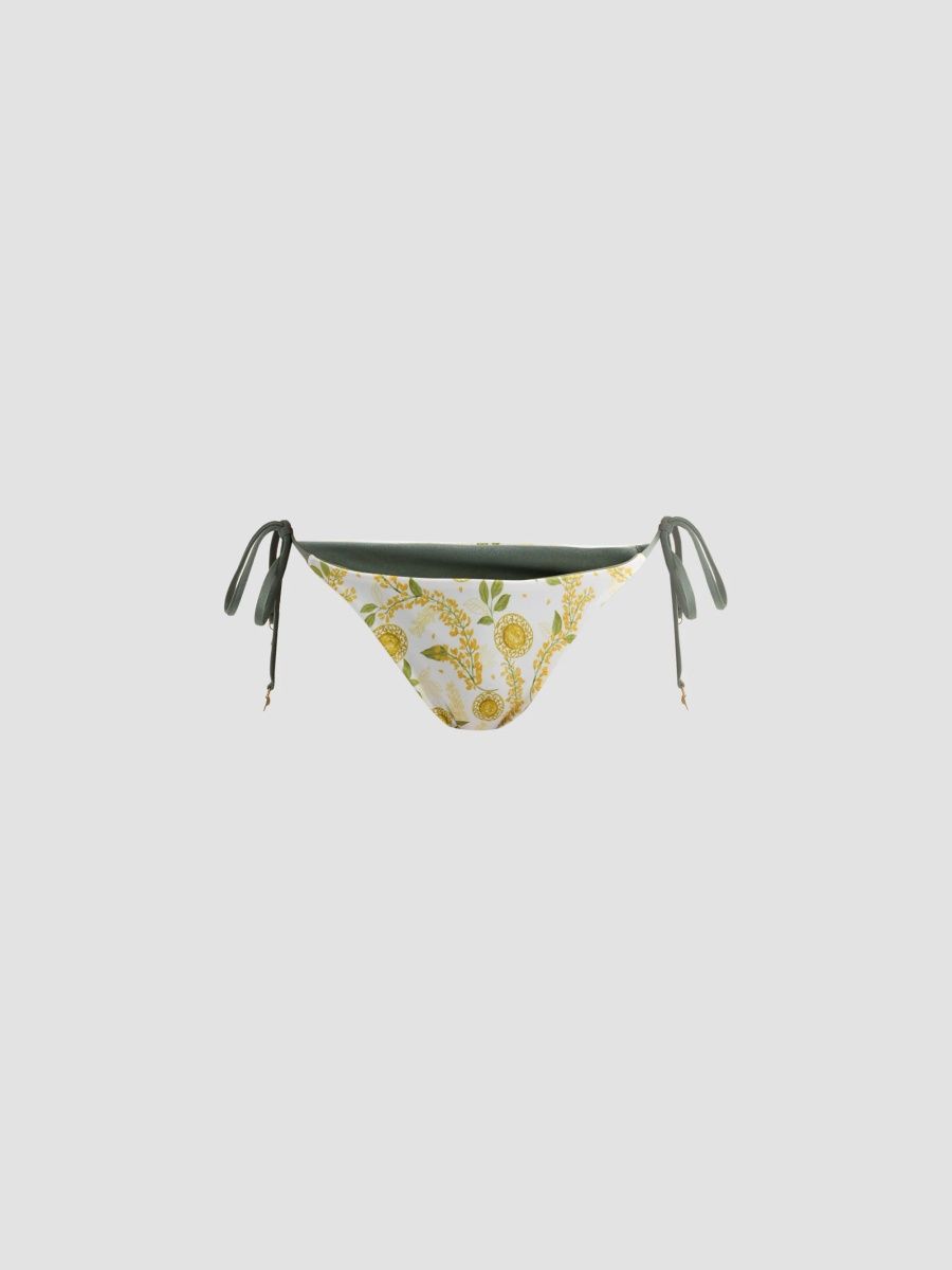 Verandah Women's Bejewelled Reversible String Bikini Bottom - Ivory Wisteria And Army - Size Small