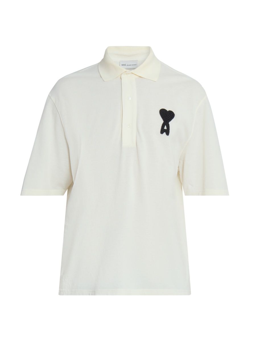 AMI Paris Men's Ami de Coeur Relaxed Polo Shirt - Blanc Creme Noir - Size Small