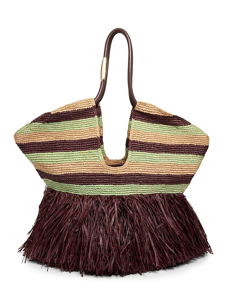 Women's Large Goldentime Striped Raffia Tote Bag - Burgundy Stripe