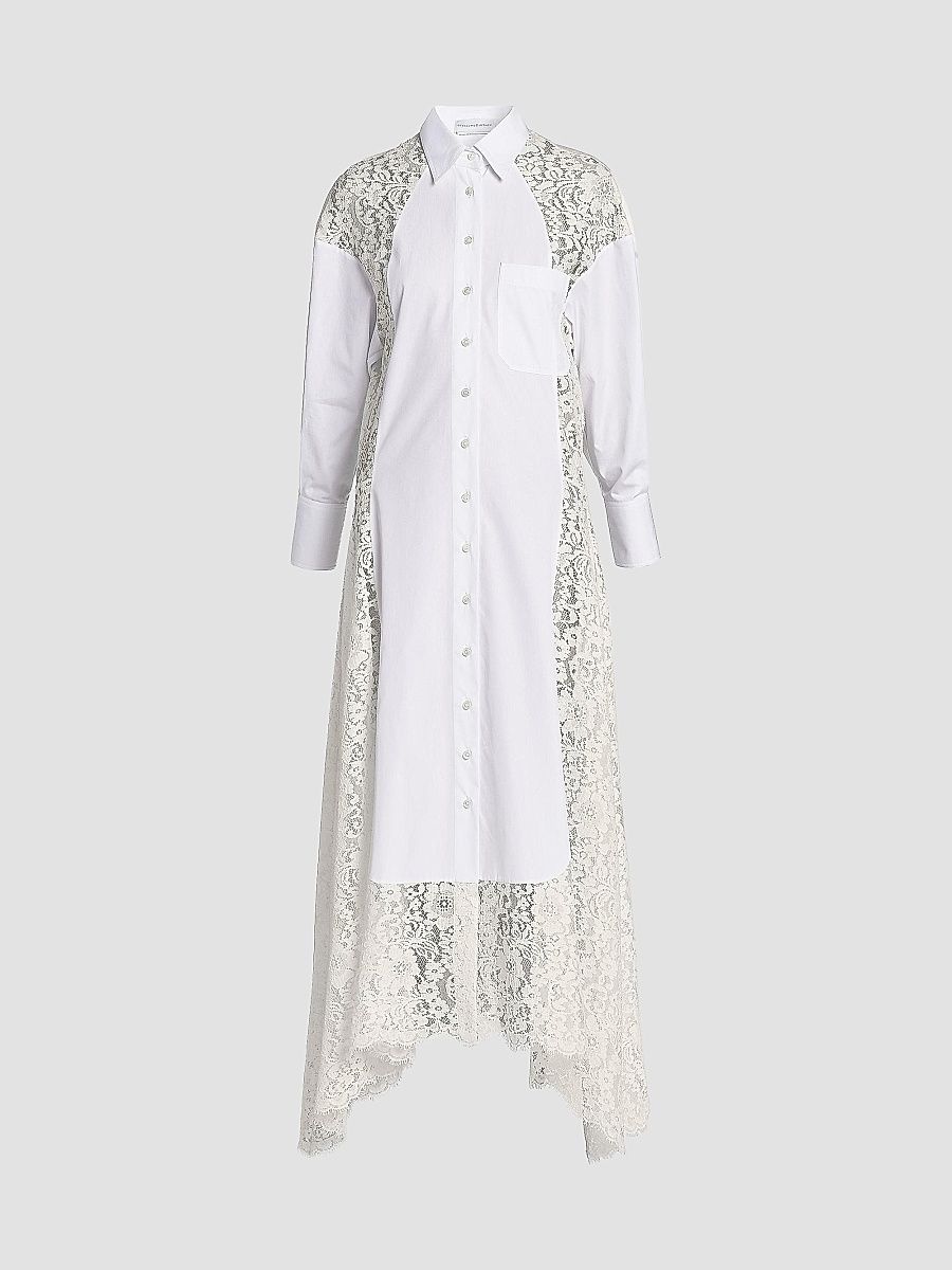 Women's Lace-Paneled Cotton Poplin Shirtdress - Pure White - Size 14