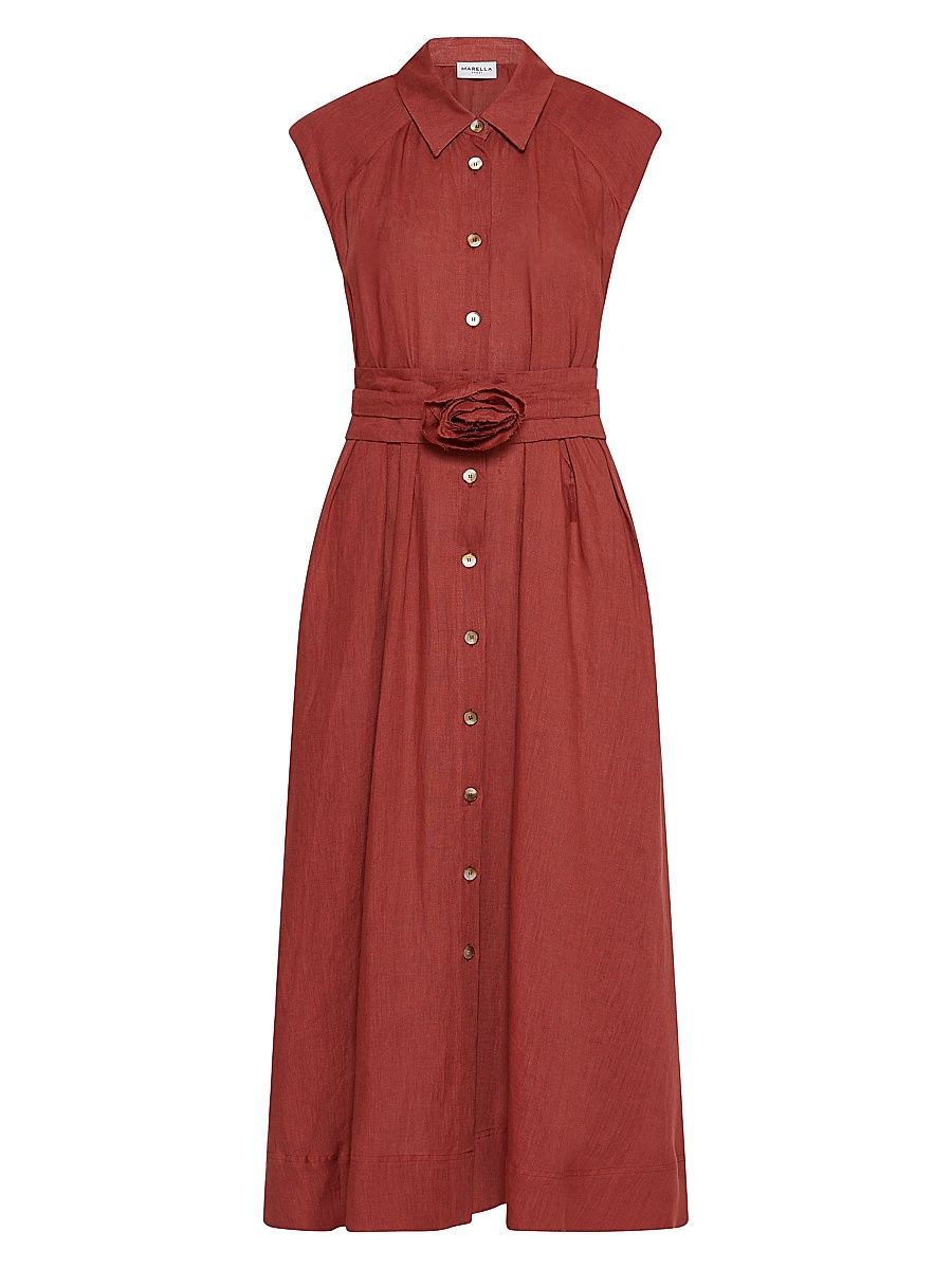 Women's Pure Linen Shirt Dress - Brick Red - Size 12