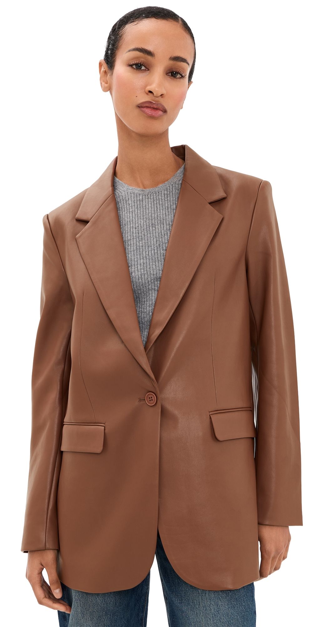 Susana Monaco Faux Leather Boyfriend Blazer Toast XS