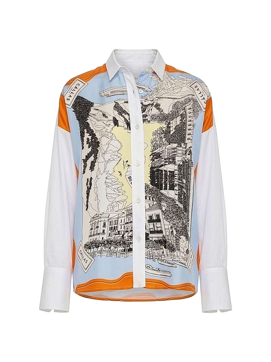 Women's Sirene Silk Scarf Front Shirt - White Orange - Size 12