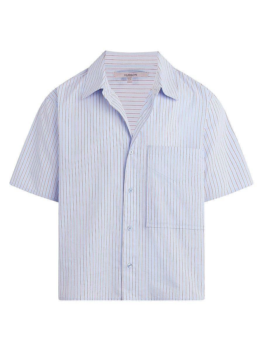 Men's Rex Striped Cotton Poplin Shirt - Blue Stripe - Size Medium