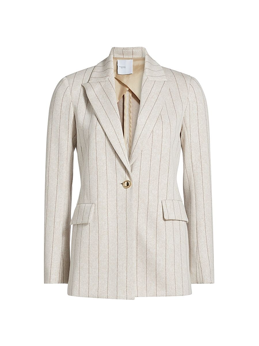 Women's Pinstriped Single-Breasted Jacket - Beige Brown - Size Large