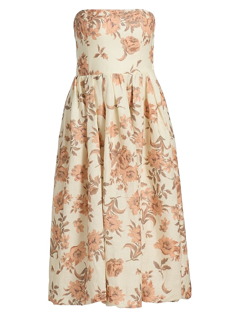 Women's Anisha Floral Linen Strapless Midi-Dress - Farfella Border Egret - Size 14