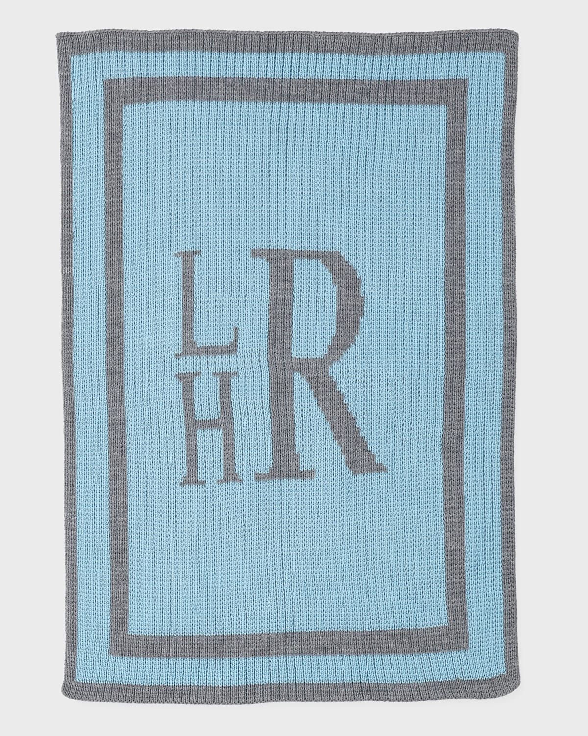 Monogrammed Knit Striped-Trim Baby Blanket, Light Blue