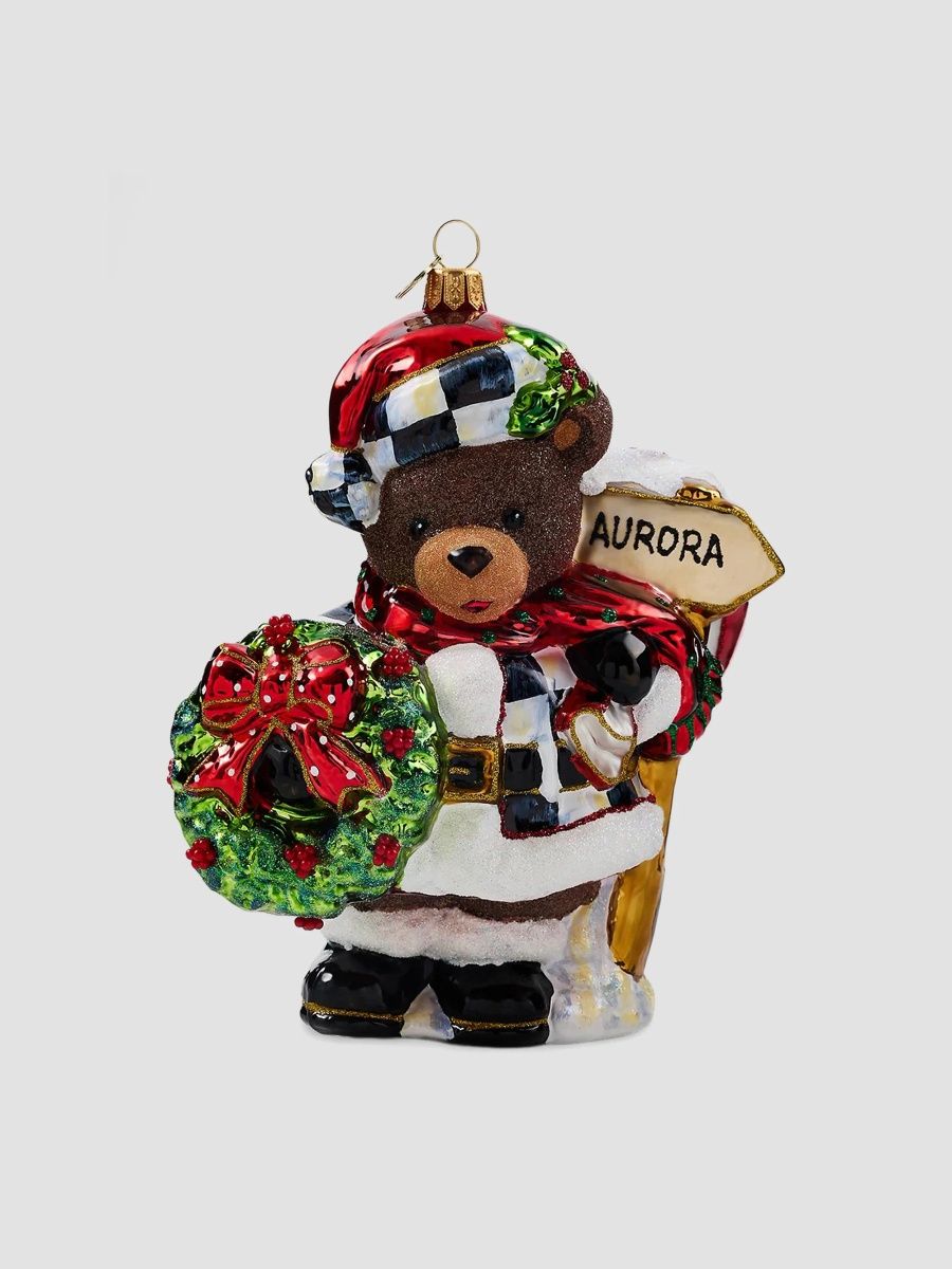 MacKenzie-Childs Merry Christmas Aurora Teddy Bear Glass Ornament