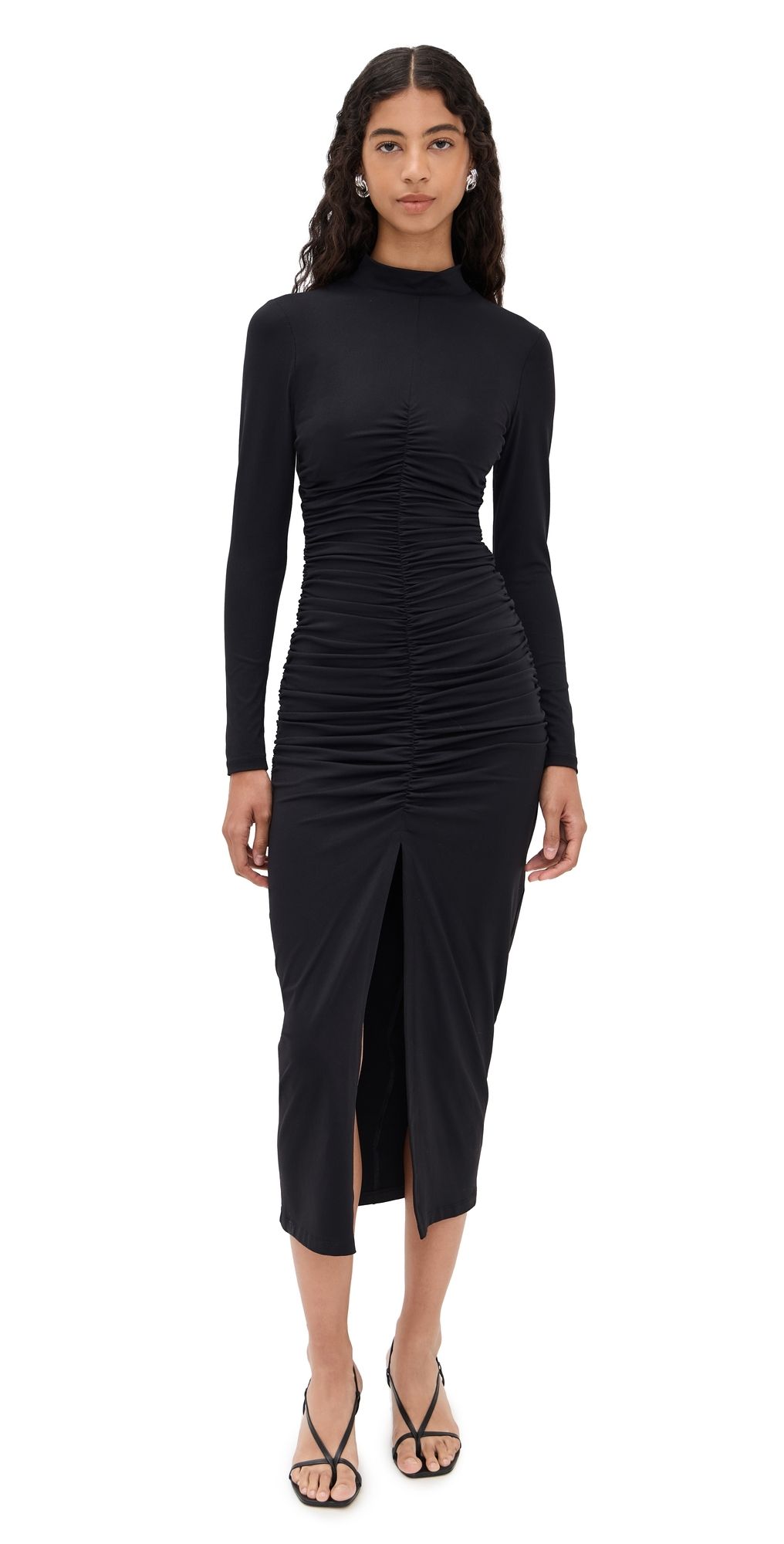 Susana Monaco Mock Neck Gathered Front Long Sleeve Dress Black S