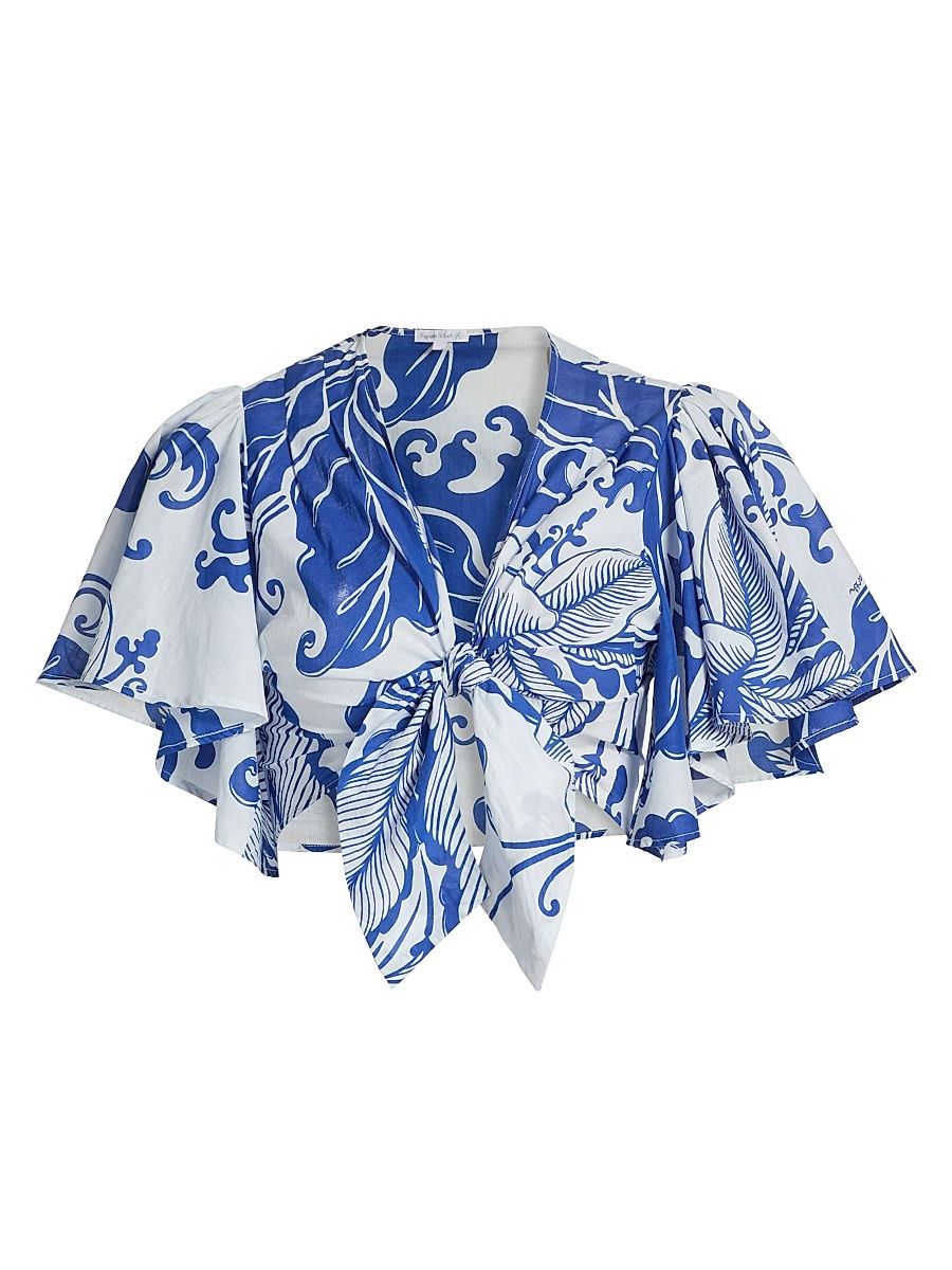 Women's Rose Coral-Print Cotton Tie-Front Top - Blue Reef Wave - Size XS