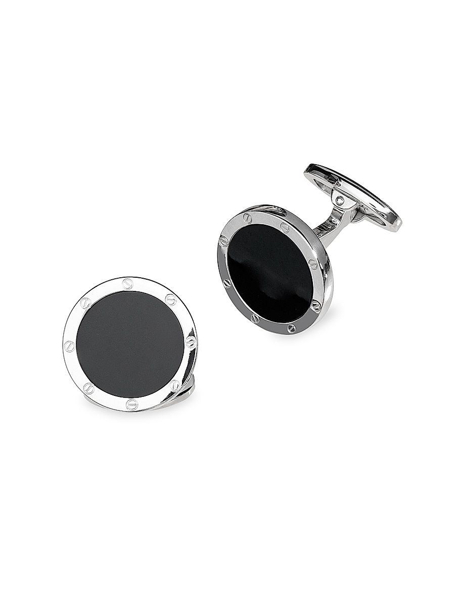 Men's Etched Rivet Round Onyx Cufflinks - Black