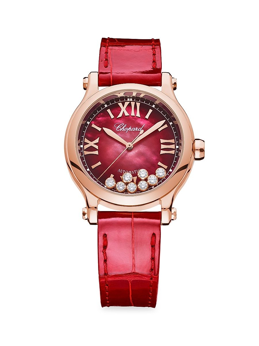 Women's Happy Sport 18K Rose Gold, Diamond & Alligator Strap Watch - Red