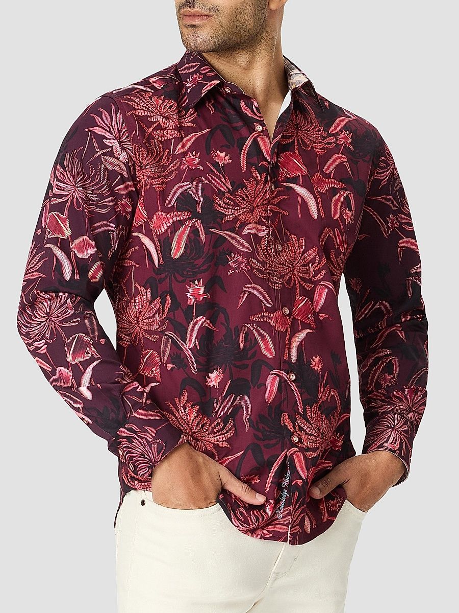 Men's Elmwood Floral Leaf Cotton Shirt - Burgundy - Size XXL