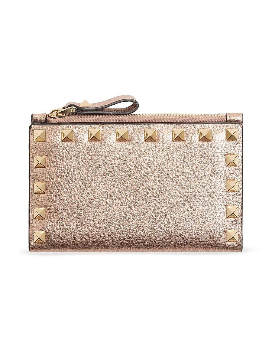 Women's Rockstud Laminated Grainy Calfskin Card Holder - Rose Cannelle