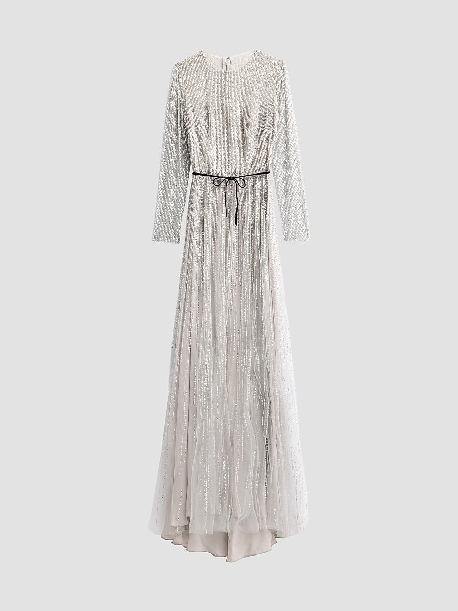 Women's Embroidered Tulle Sheer A-Line Gown - Silver Smoke - Size 2