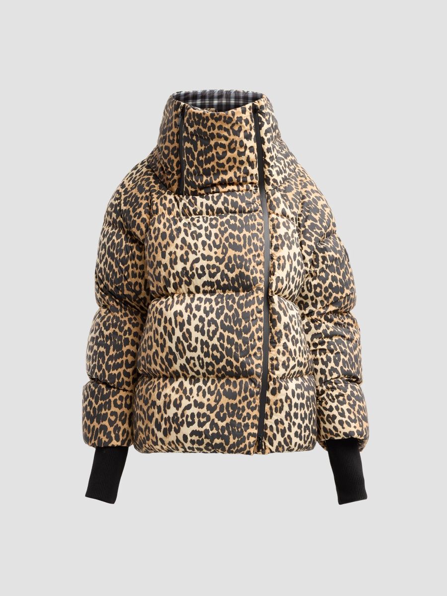 Ganni Women's Future Quilted Leopard-Print Nylon Puffer - Almond Milk - Size 14
