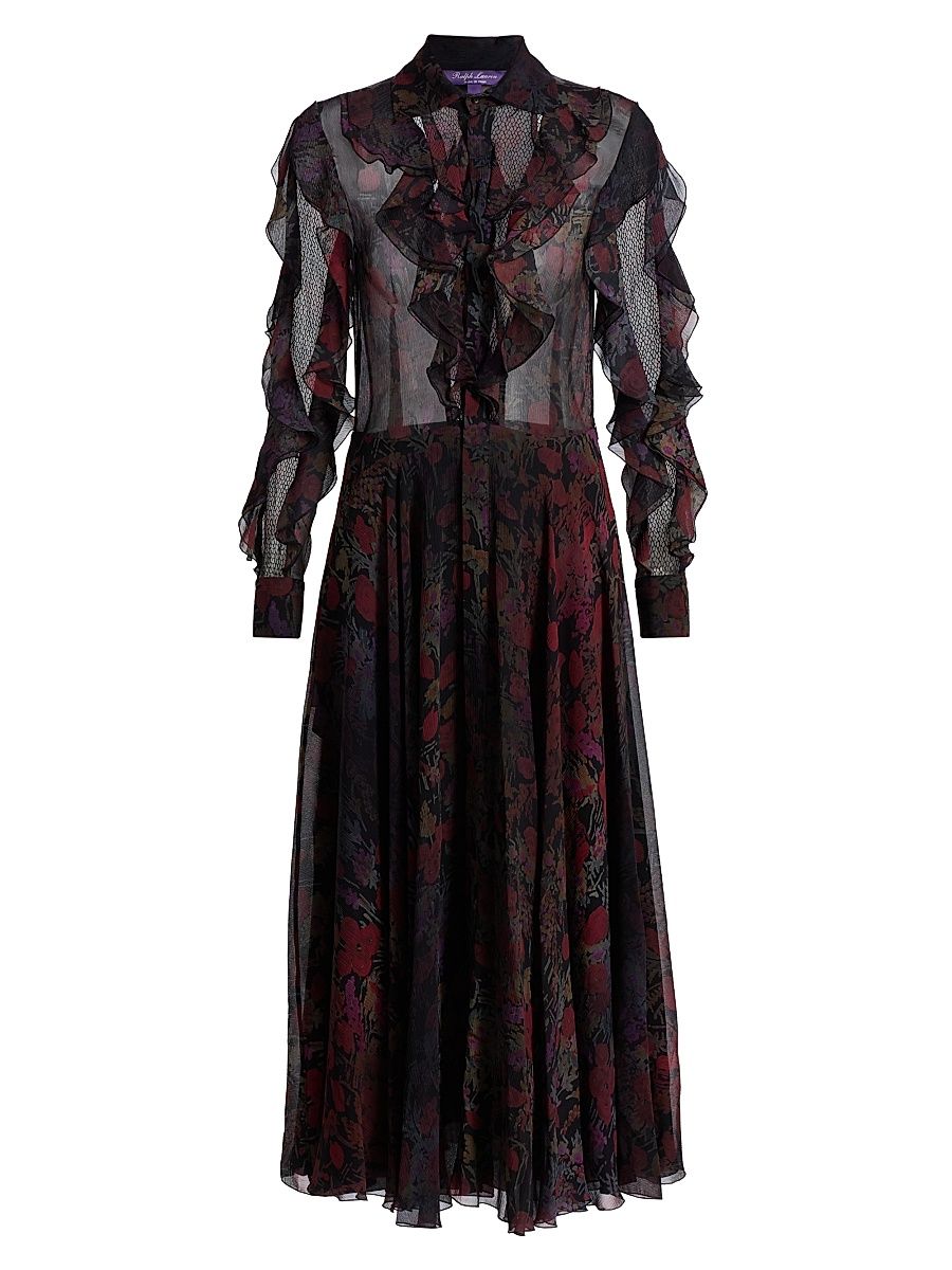 Women's Melony Floral Crinkle Chiffon Day Dress - Black Crimson Multi - Size 8