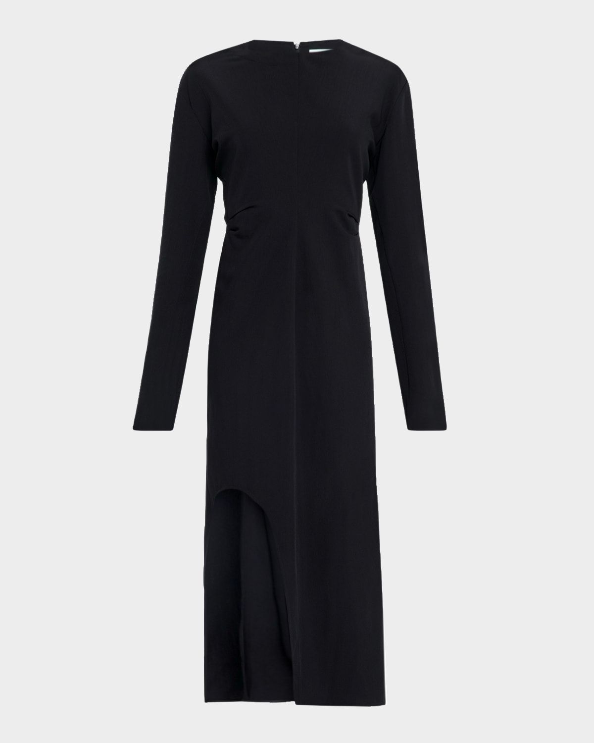 Keyhole Slit Ruched Long-Sleeve Midi Dress