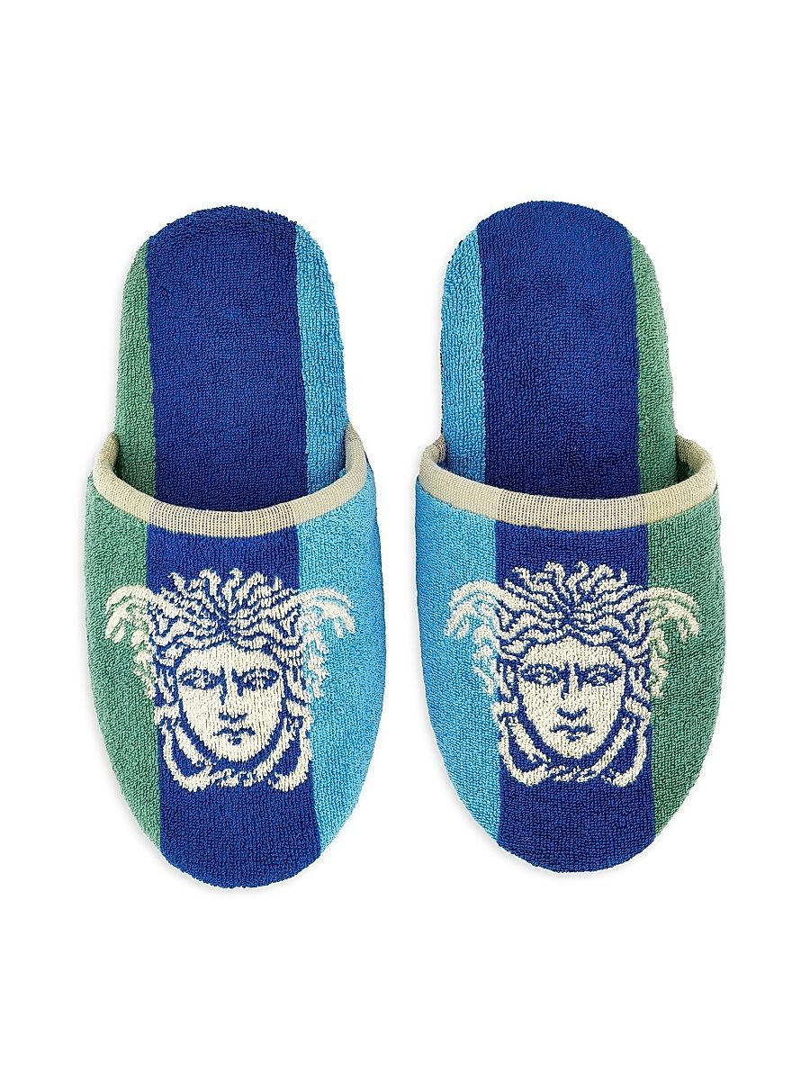 Men's Medusa Jacquard Striped Jersey Slippers - Blue Multicolor - Size XL